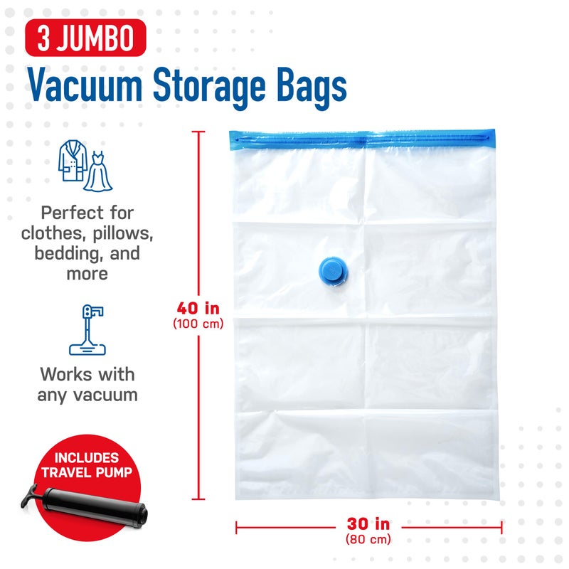 Spacesaver 3 Pack Jumbo Vacuum Storage Bags - 40" x 30 Heavy Duty Blanket Storage Bag with Pump - Space Saver for Clothes, Comforters, and Bedding - Compression Bags to Store Blankets for Travel - Image 3